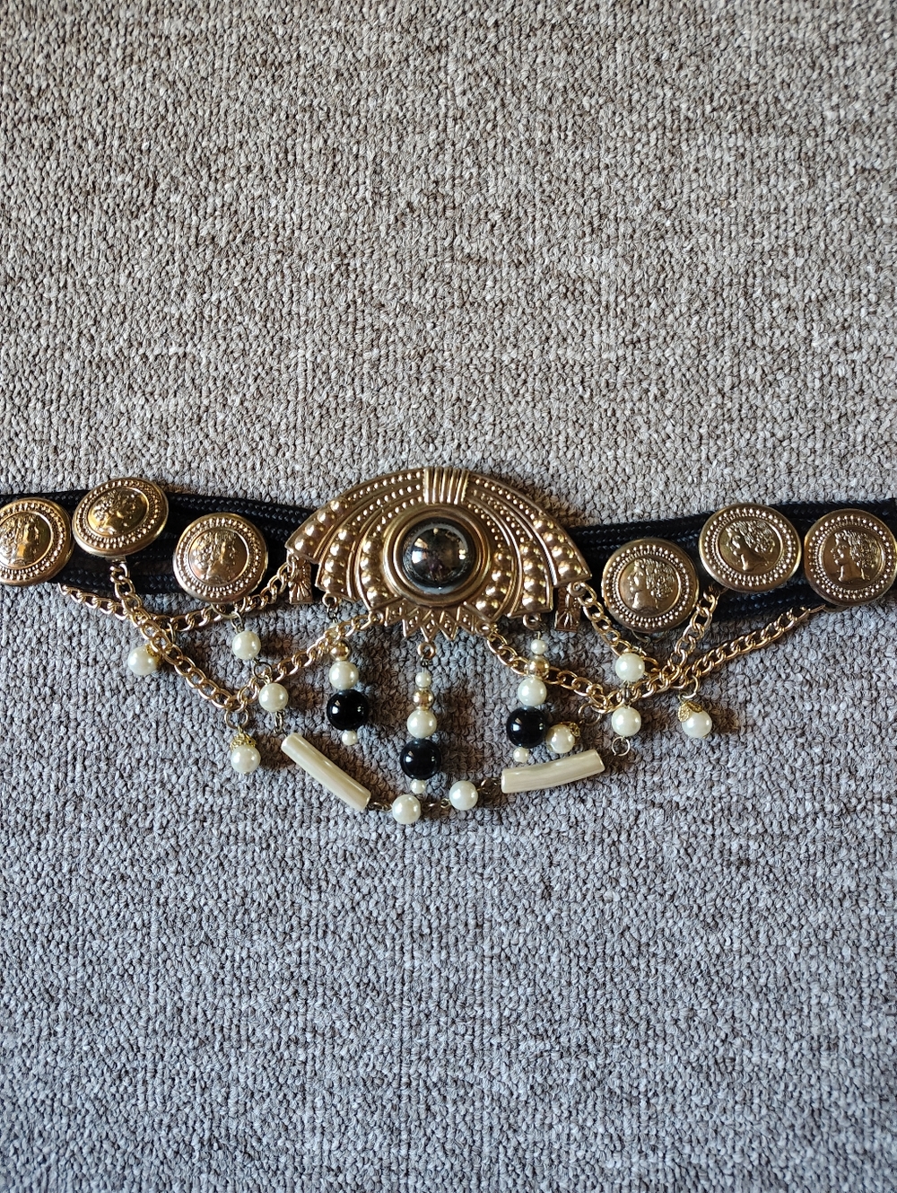 Gold-Tone Beaded Statement Waist Chain Belt - Black Strap
